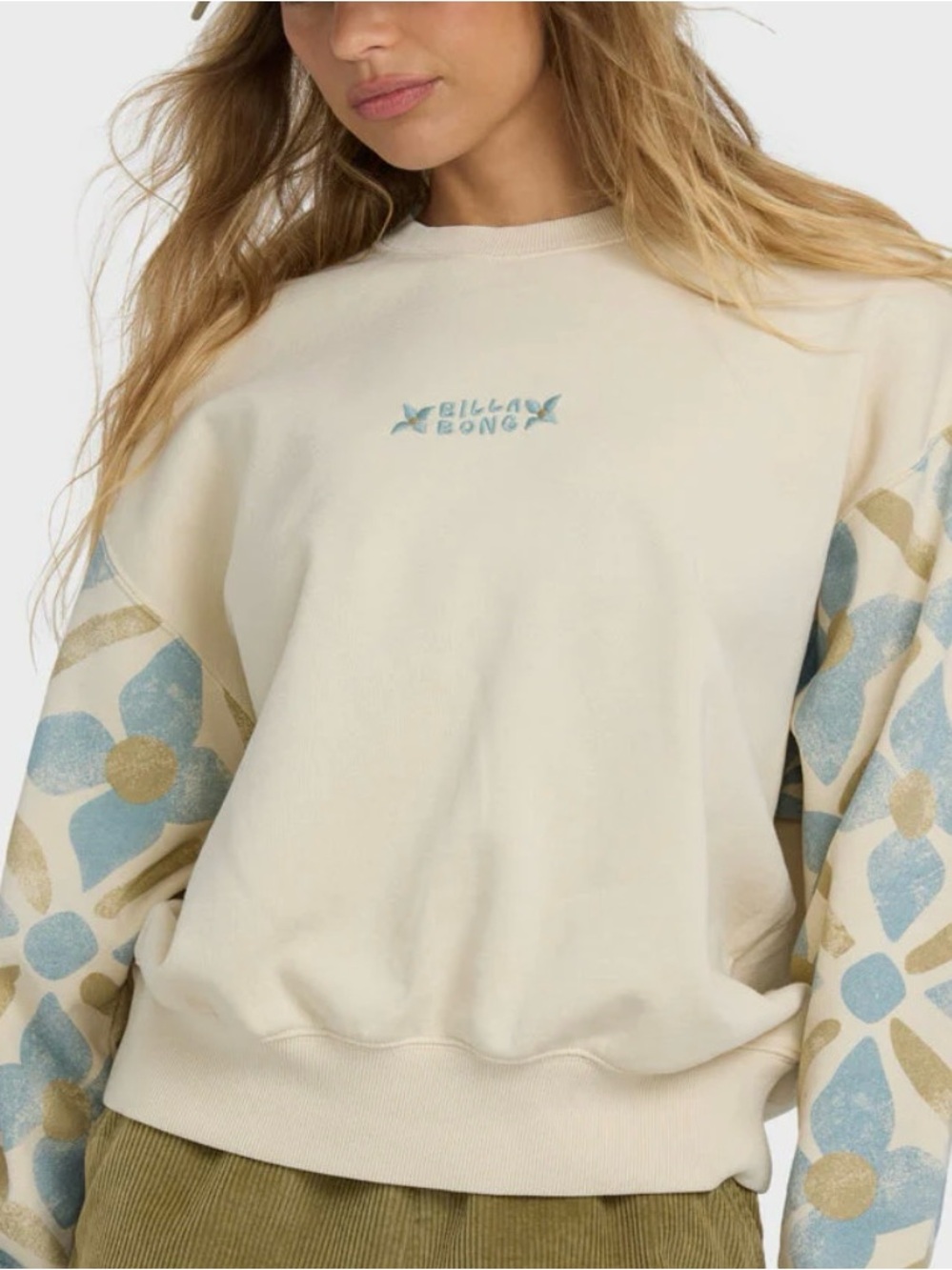 Billabong Cream Sweatshirt with Blue & Tan Floral Sleeves